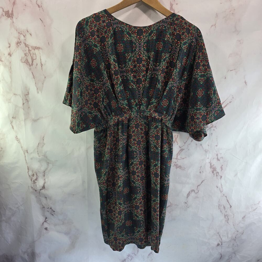 Vintage Silk Dress Women XS Green Dolman Kaftan Mosaic Stained Glass